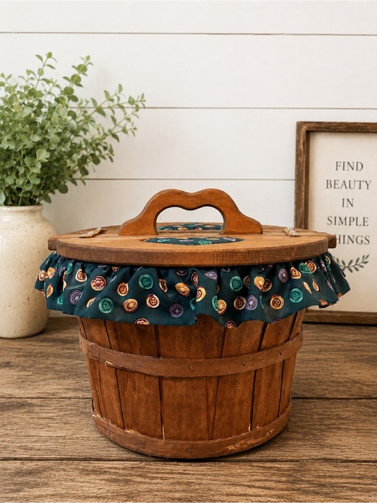 Other - Vintage Wooden Sewing Basket with Button Print Fabric & Heart Cutouts